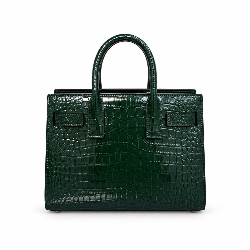 YSL Sac de Jour Small Bag in forest green croc-embossed glossy leather with silver hardware and dual rolled top handles, front view
