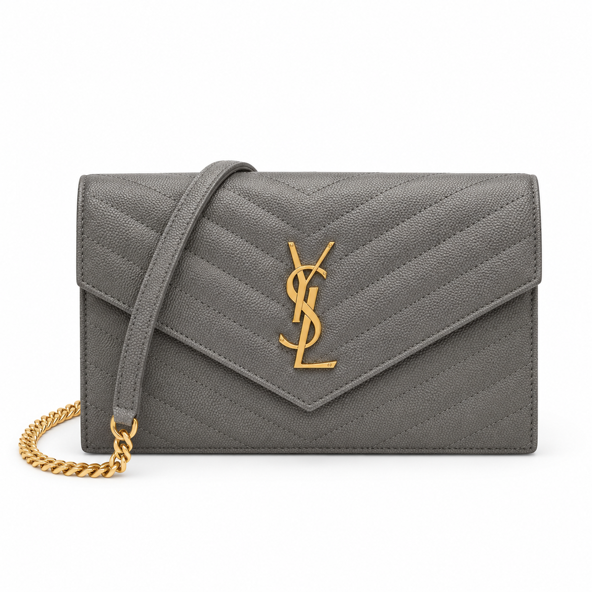 YSL Saint Laurent Envelope Chain Wallet Dark Grey Matelasse Chevron Leather Gold YSL Monogram Gold Chain Strap