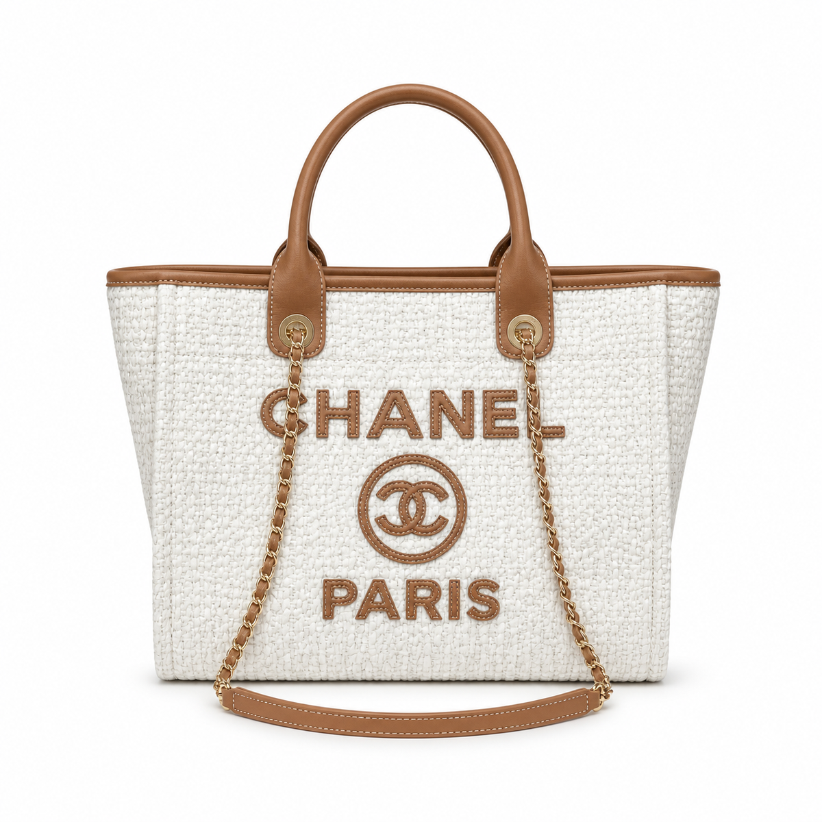 Chanel Deauville Tote Ivory Bouclé | Tan Leather CHANEL CC PARIS Appliqué & Gold Coin — 33cm