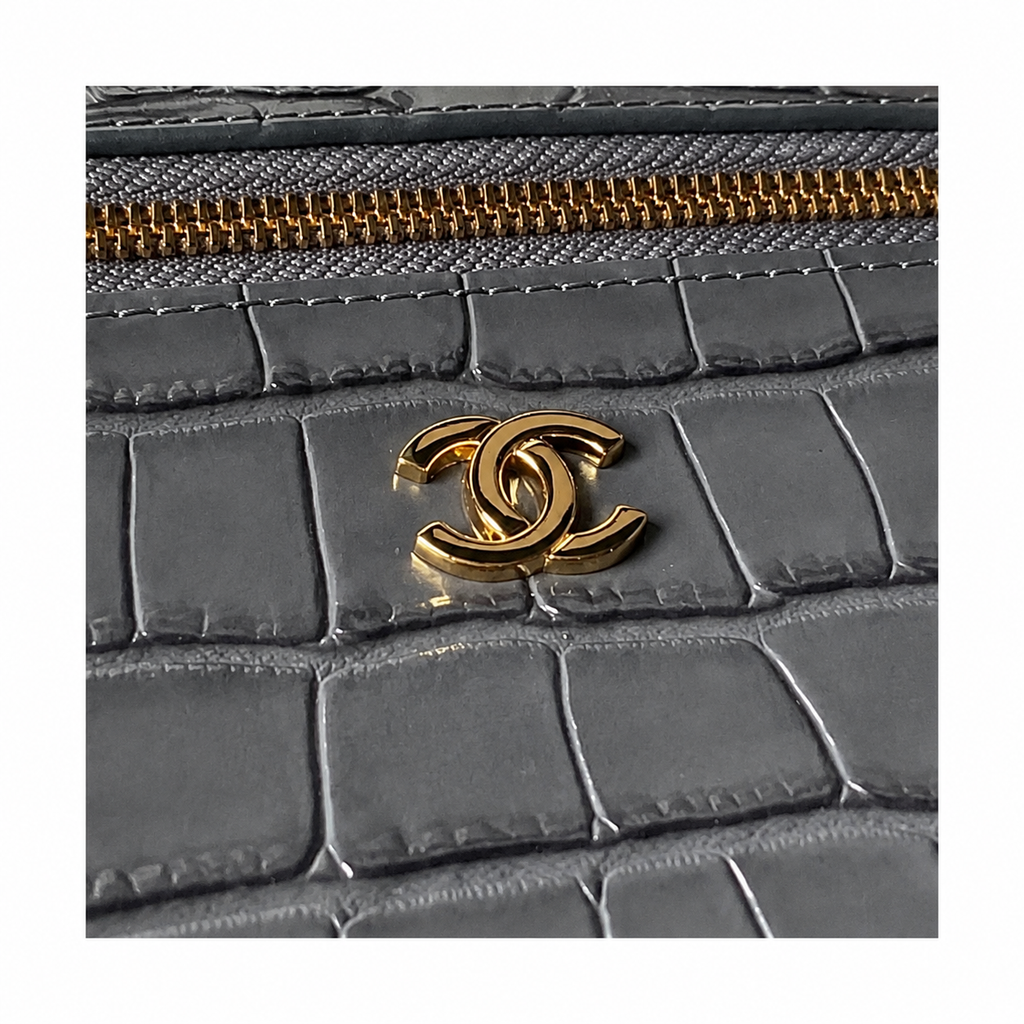Chanel Slate Grey Croc-Embossed Structured Box Bag | Full-Width Front Zip & Antique Gold Chain