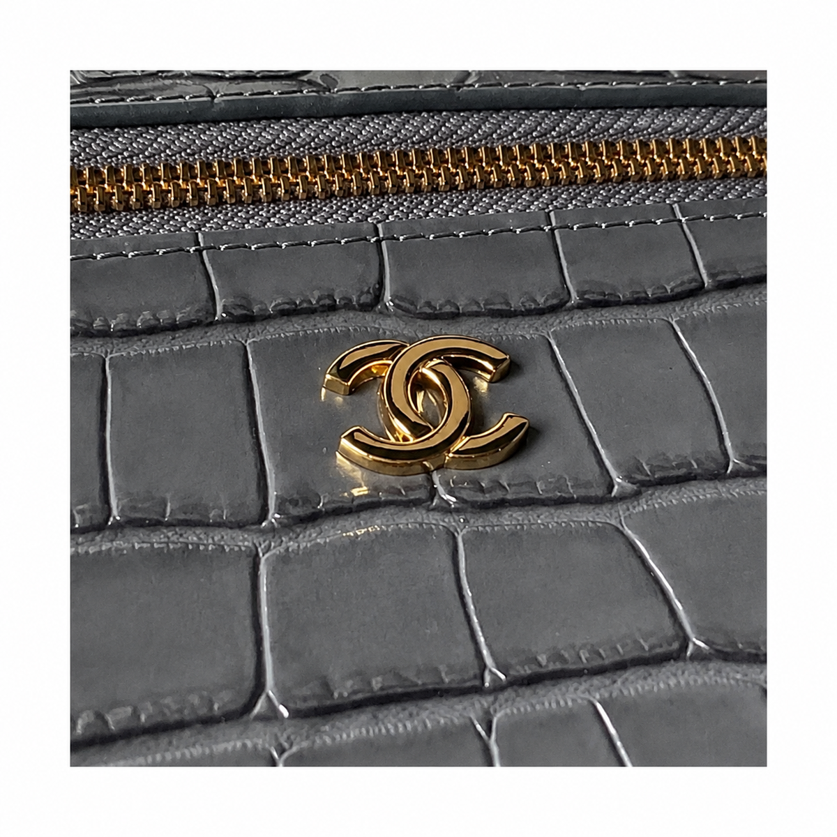 Chanel Slate Grey Croc-Embossed Structured Box Bag | Full-Width Front Zip & Antique Gold Chain