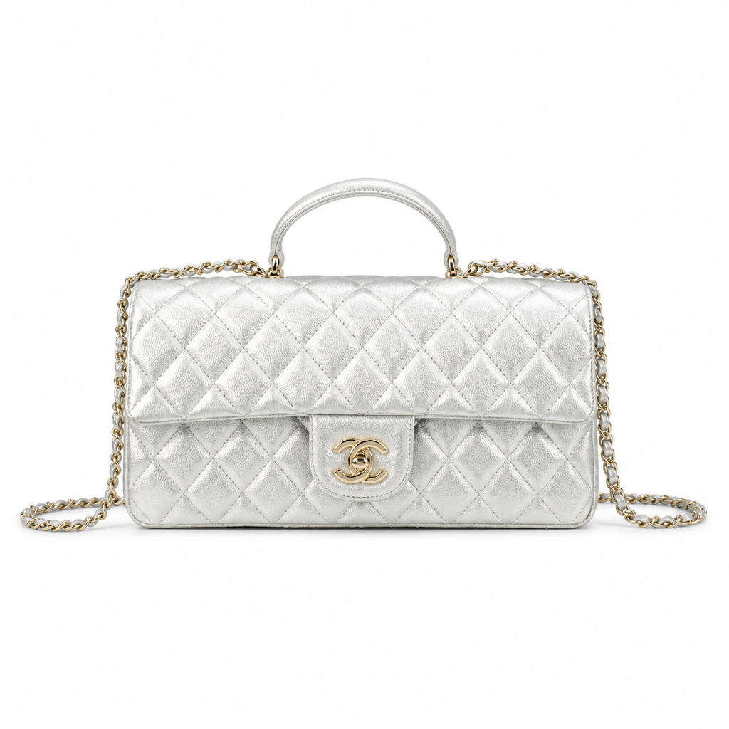 Chanel Mirror Silver Quilted Classic Flap | Top Handle & Back Exterior Pocket — 25cm