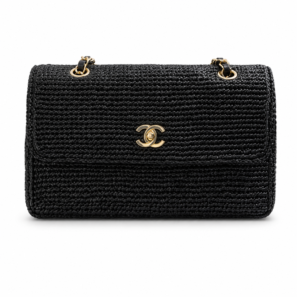 Chanel CC Raffia Woven Flap Bag | Black & Gold Chain — 25cm