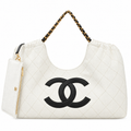 Chanel Large Gathered Hobo Tote Quilted Lambskin White Gold Chain 43cm