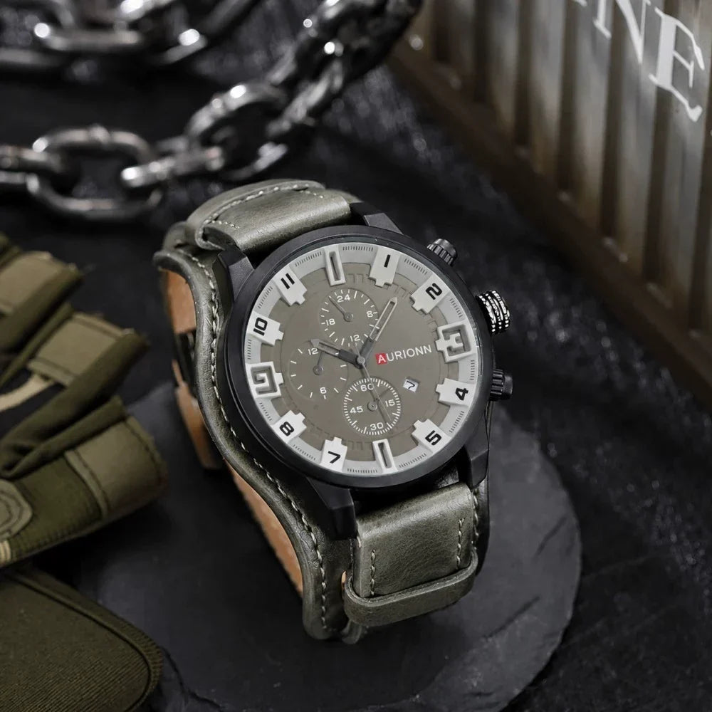 AURIONN Men's Military Chronograph – Grey Dial Wide Leather Strap