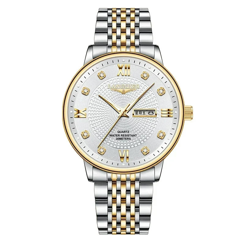 Langqies — Two-Tone Steel & Gold, White Guilloché Dial, Crystal Markers & Two-Tone Bracelet, Men
