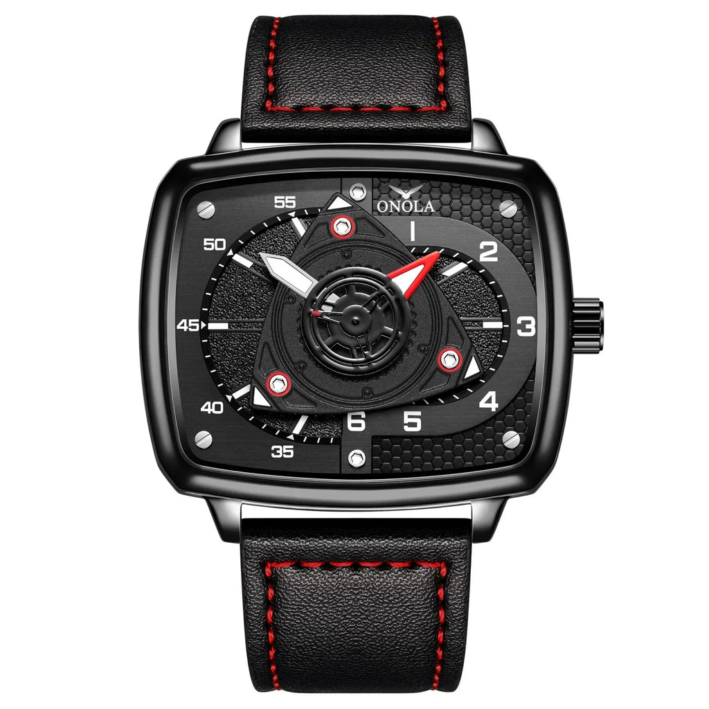 ONOLA — Black Square Case, Yellow Turbine Dial & Black Leather Strap, Men