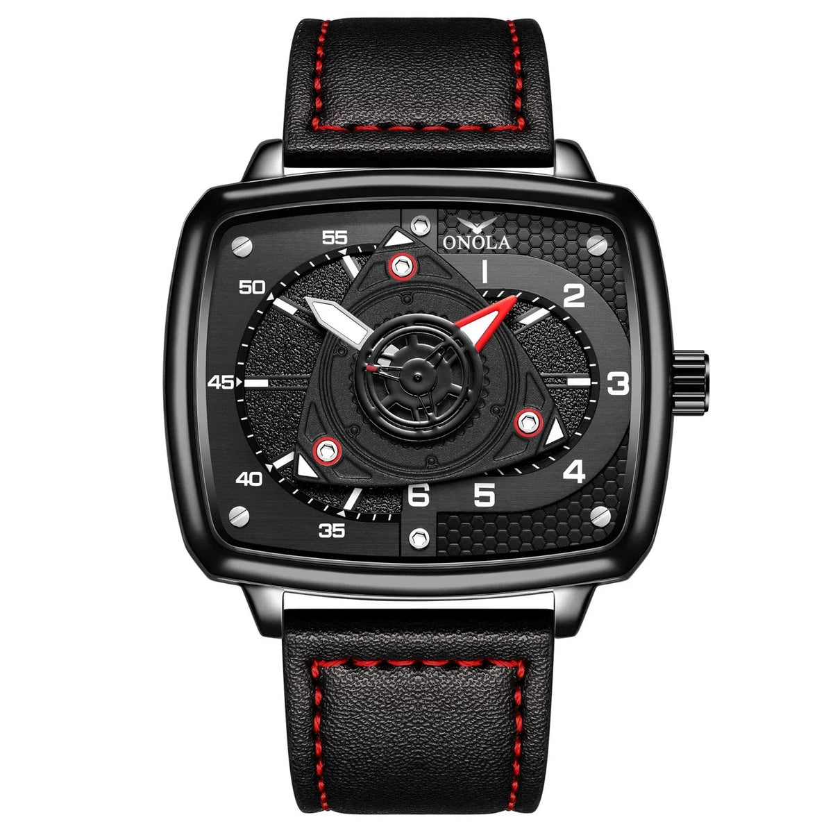 ONOLA — Black Square Case, Yellow Turbine Dial & Black Leather Strap, Men