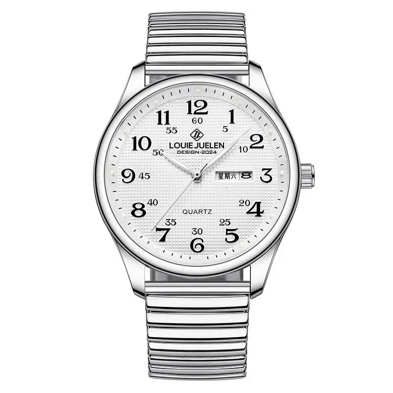Louie Juelen — Stainless Steel, White Dial, Day-Date & Stretch Bracelet