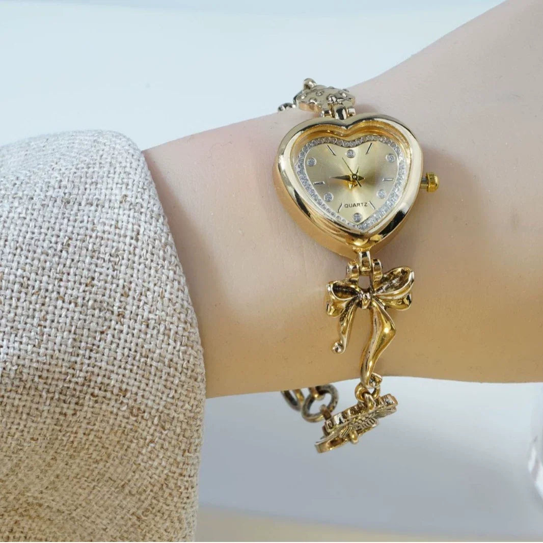 Women's Heart-Shaped Charm Bracelet Watch 37mm | Gold Fairy & Floral Chain Timepiece